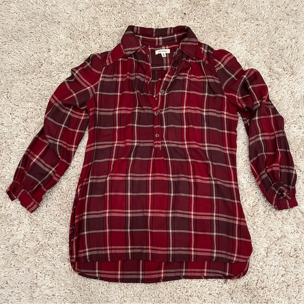 Max Studio Flannel Shirt Size Small 3/4 Button Roll Up Sleeve Red Plaid Womens.
